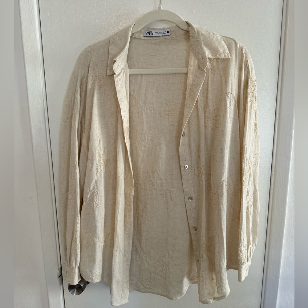 Zara cream floral embroidered button down